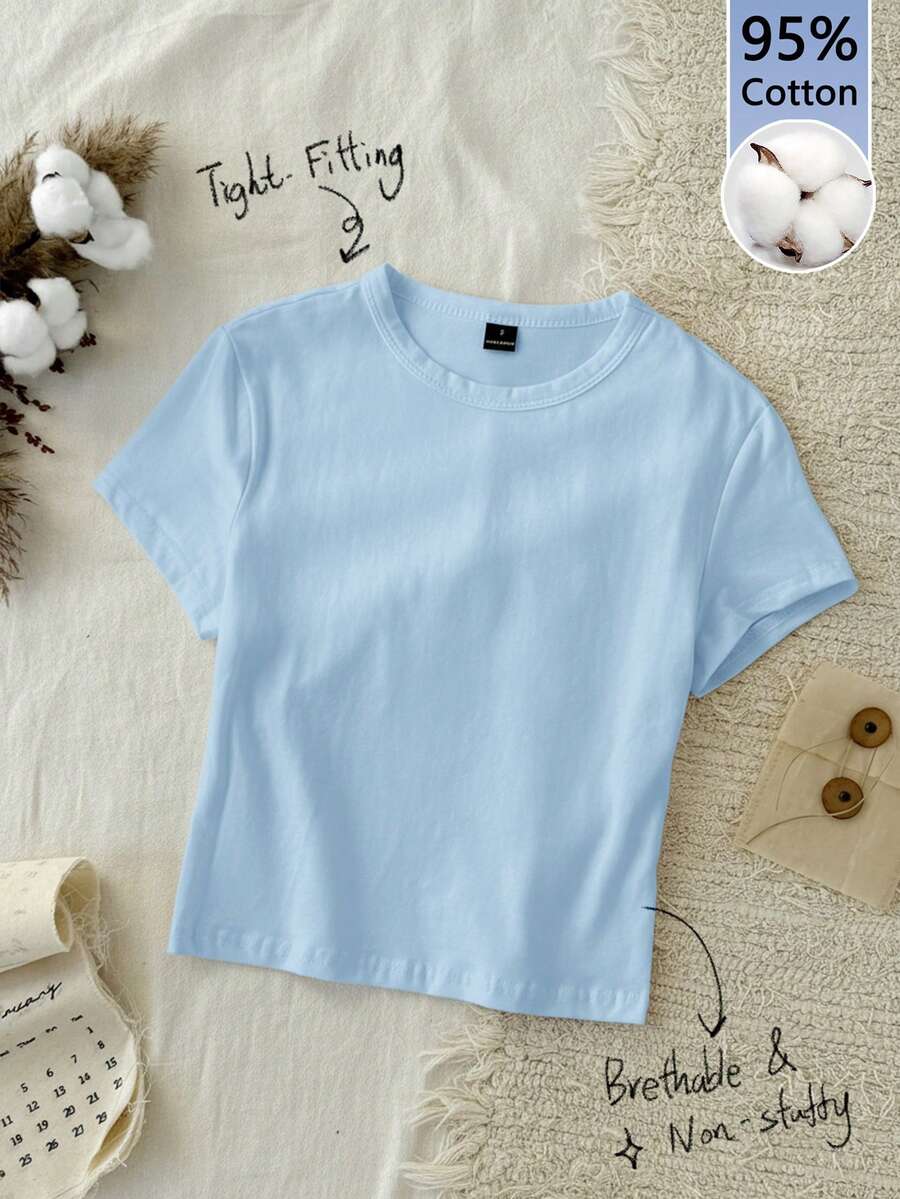 Tseoso 一件纯色修身T恤，95%棉，浅蓝色，适合夏季穿着
