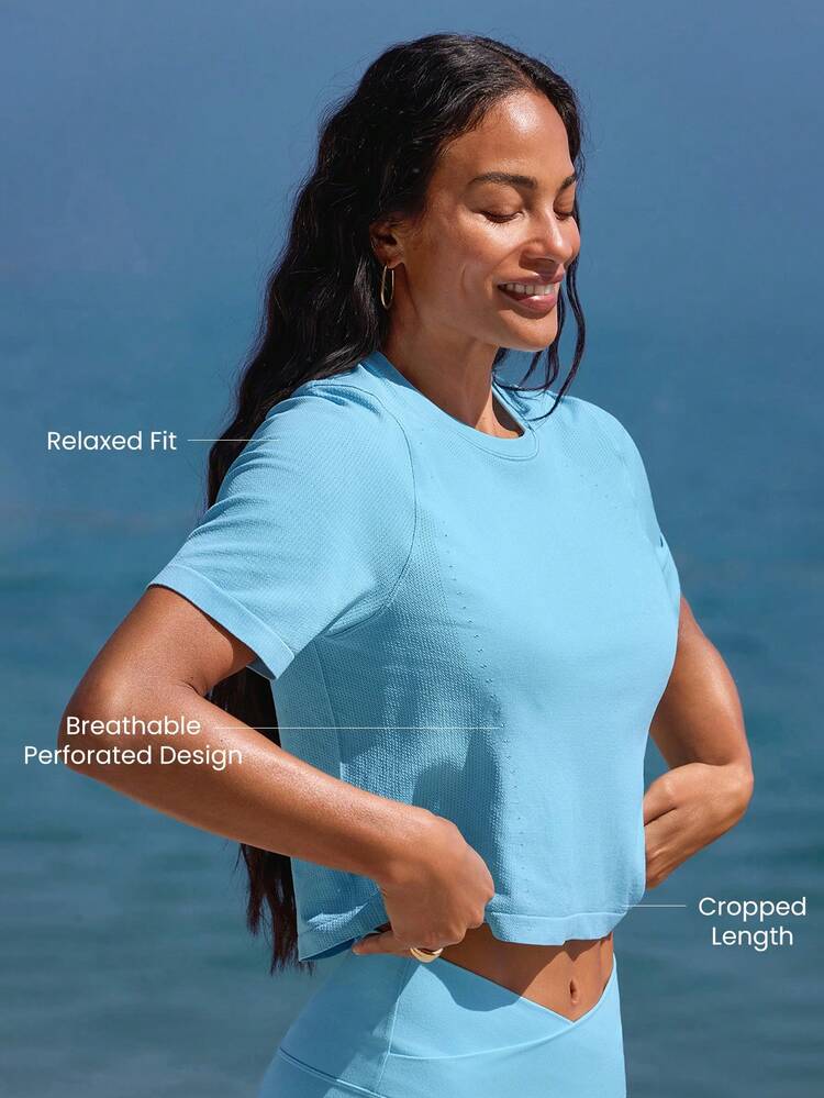 Ultra-doux, sans couture, gardant la fraîcheur, évacuant la transpiration, extensible, coupe décontractée, col ras du cou court, tenue d'été décontractée quotidienne