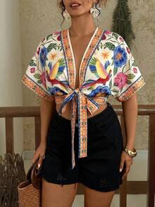 Travachic 女士V领蝴蝶结短袖宽松露脐上衣，热带植物印花，优雅百搭，适合日常穿着、度假、海滩、春夏穿着，大码可选 - 彩色 - 查看 4