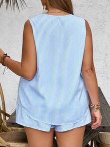 SHEIN VCAY Plus Size Women Boho Blue And White Striped Tank Top And Shorts Summer Beachwear Set - Blue and White - View 2