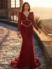 Aureia 大码优雅性感红色V领泡泡袖薄纱蕾丝拼接褶皱腰身水钻装饰鱼尾裙摆正式礼服（重工装饰设计）大码酒红色连衣裙 大码束身连衣裙 红色曲线连衣裙 大码婚纱 大码魅力连衣裙 女士正式礼服 大码晚礼服 女士奢华连衣裙 - 紅色 - 查看 7