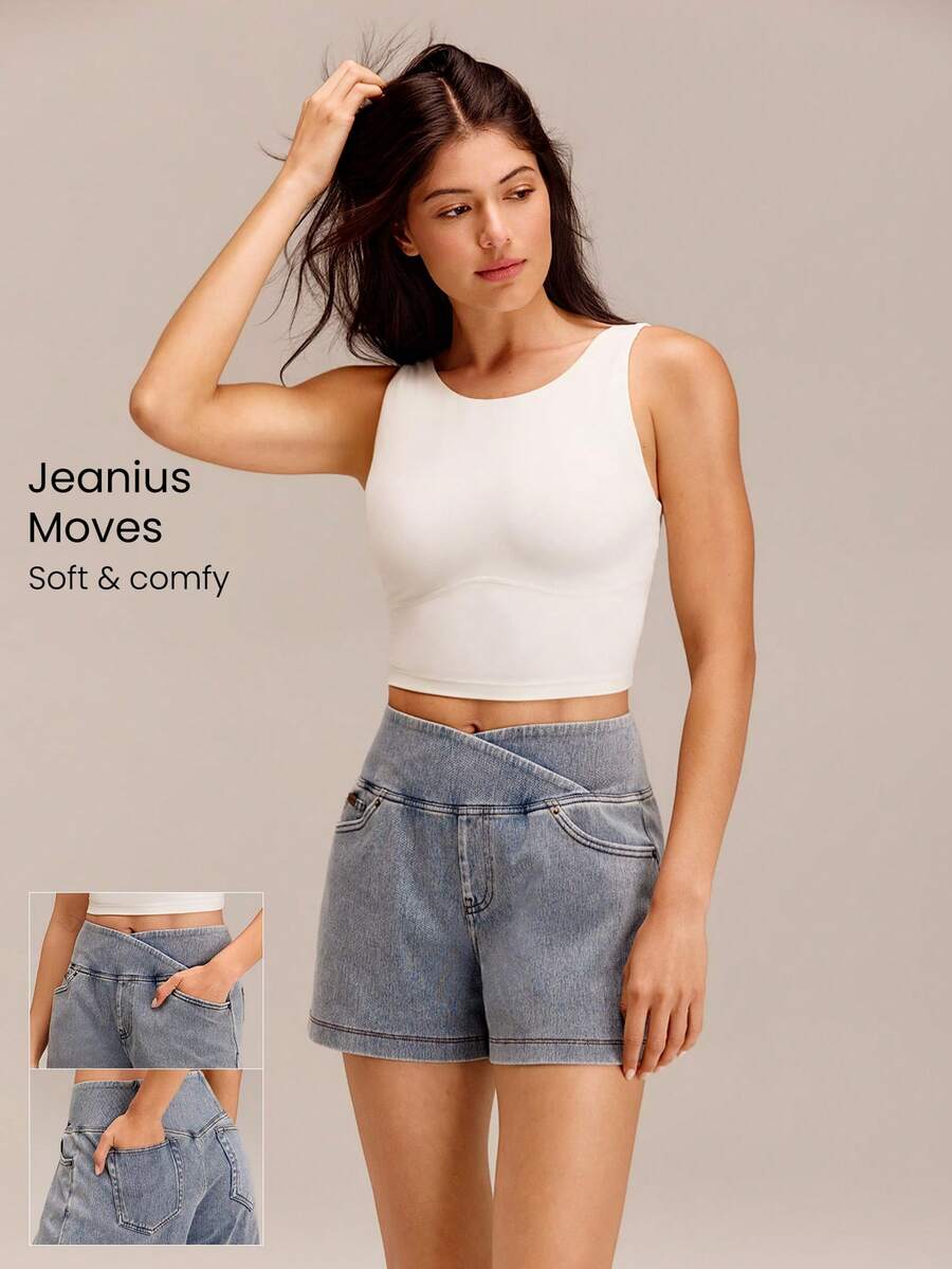 GLOWMODE 4英寸奢华PimaSoft舒适透气牛仔布短裤，交叉腰部提臀设计，日常休闲夏季穿着 - 淺藍色 - 查看 1