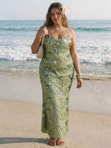 SHEIN BAE Plus Size Women Green Beaded Halter Maxi Dress, Vacation - Green - View 5
