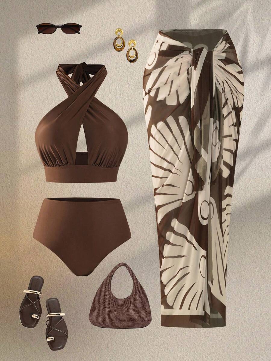Swim Oasis Bộ đồ bơi bikini cạp cao và áo hở vai dáng chữ thập màu cà phê cỡ lớn dành cho nữ, kết hợp với váy maxi lưới họa tiết, kỳ nghỉ hè ở bãi biển - Màu nâu  Mocha - Xem 1