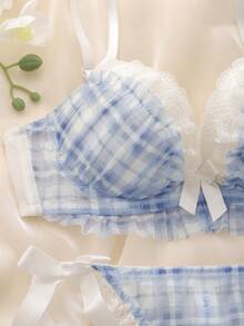 DelicateAllure 2pcs Plaid Underwire Molded Cup Underwire Lace Trim Multi-Tier Ruffle Bow Kawaii Cute Lolita Doll Fresh Adorable Comfy Balconette Bra Set For Women - Blue - View 5