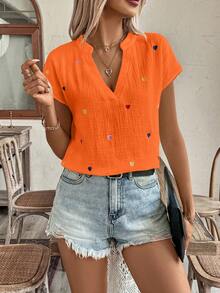 Breezaya 女士休闲V领衬衫，饰有爱心刺绣 - 橘色 - 查看 4