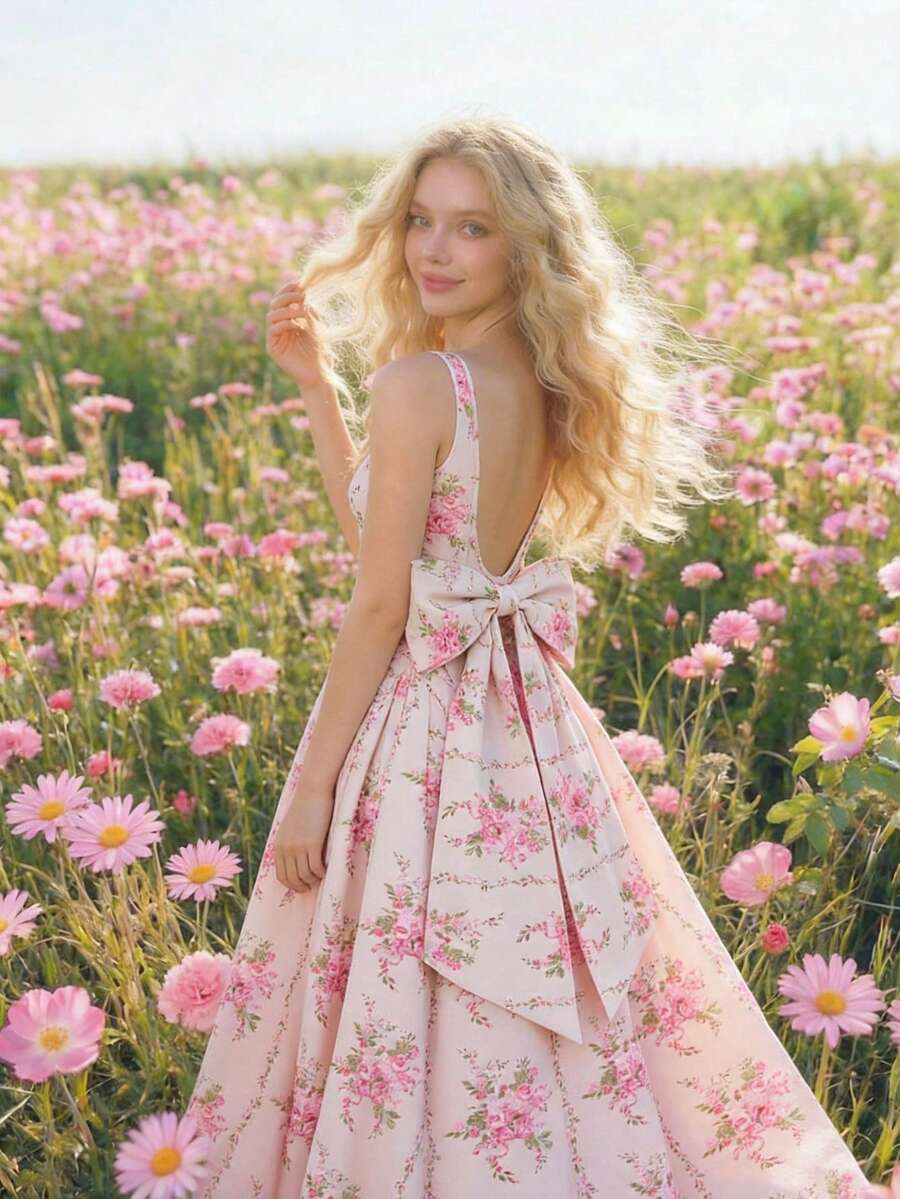 SHEIN MOD Cream Base Pink Floral Print Square Neck Midi Dress With Oversized Back Bow – Vintage Inspired, Fitted Bodice And Flowing Skirt, Elegant Court Style, Dreamy Romantic Women's Summer And Spring Dress For Date, Party, Spring Break, Vacation, Picnic, Festival, Birthday,Pink Dress Beach Dresses Wedding Guest Dress For Women Wedding Party Dress Graduation Dress Vacation Outfits Women Holiday Dresses Country Concert Outfit - Pink - View 1