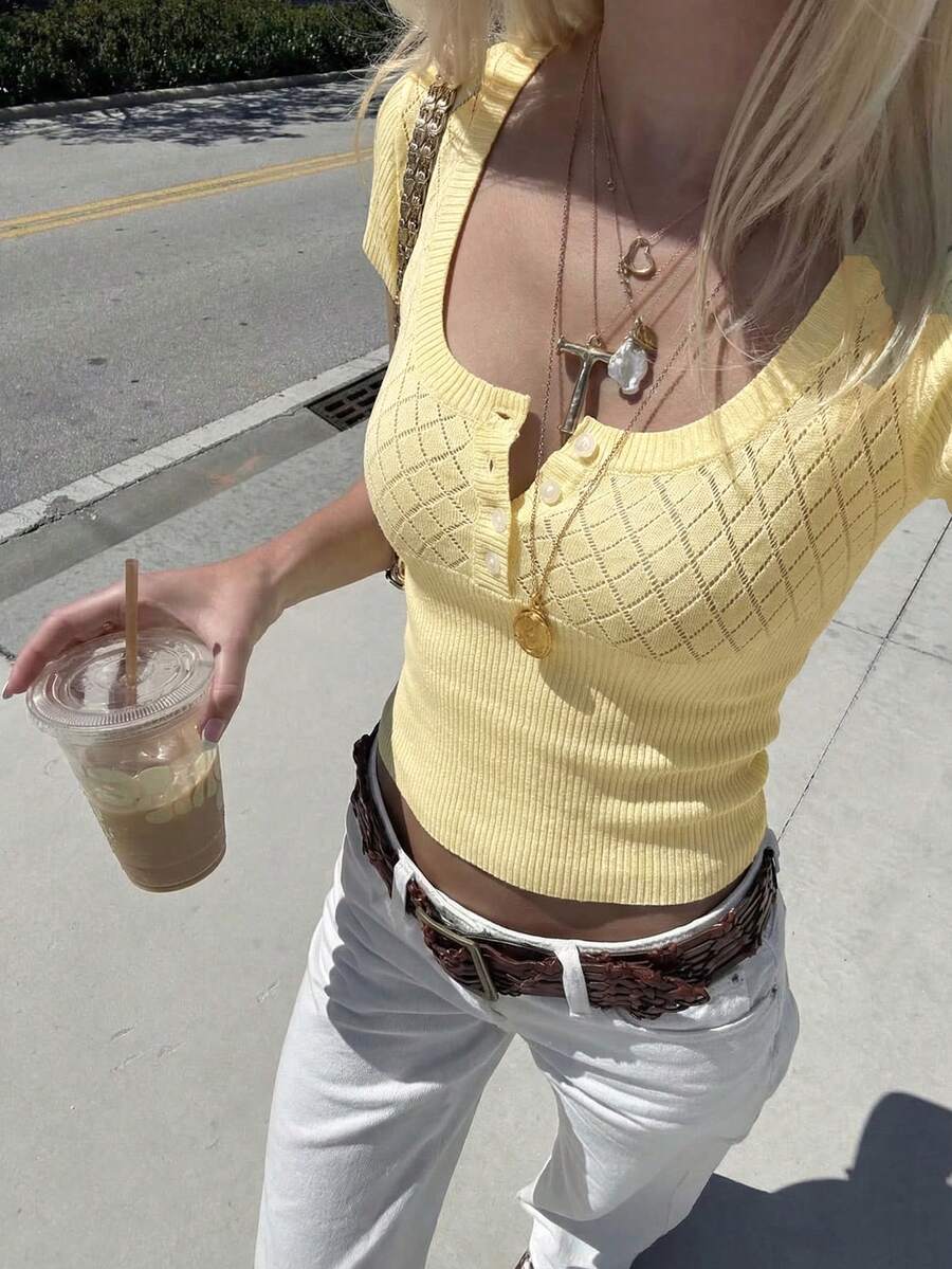 Aloruh Áo len nữ cổ vuông đan móc thủ công, kiểu dáng thường ngày, thích hợp mặc hàng ngày. - Màu vàng - Xem 1