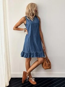 EMERY ROSE Vestido vaquero informal sin mangas con volantes en el bajo y cuello redondo - Azul - Ver 4