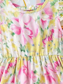 SHEIN Elladie kids 少女夏季碎花圆领喇叭袖露背蝴蝶结腰带荷叶边下摆休闲优雅连衣裙，适合休闲、度假、旅行、田园风格 - 彩色 - 查看 7