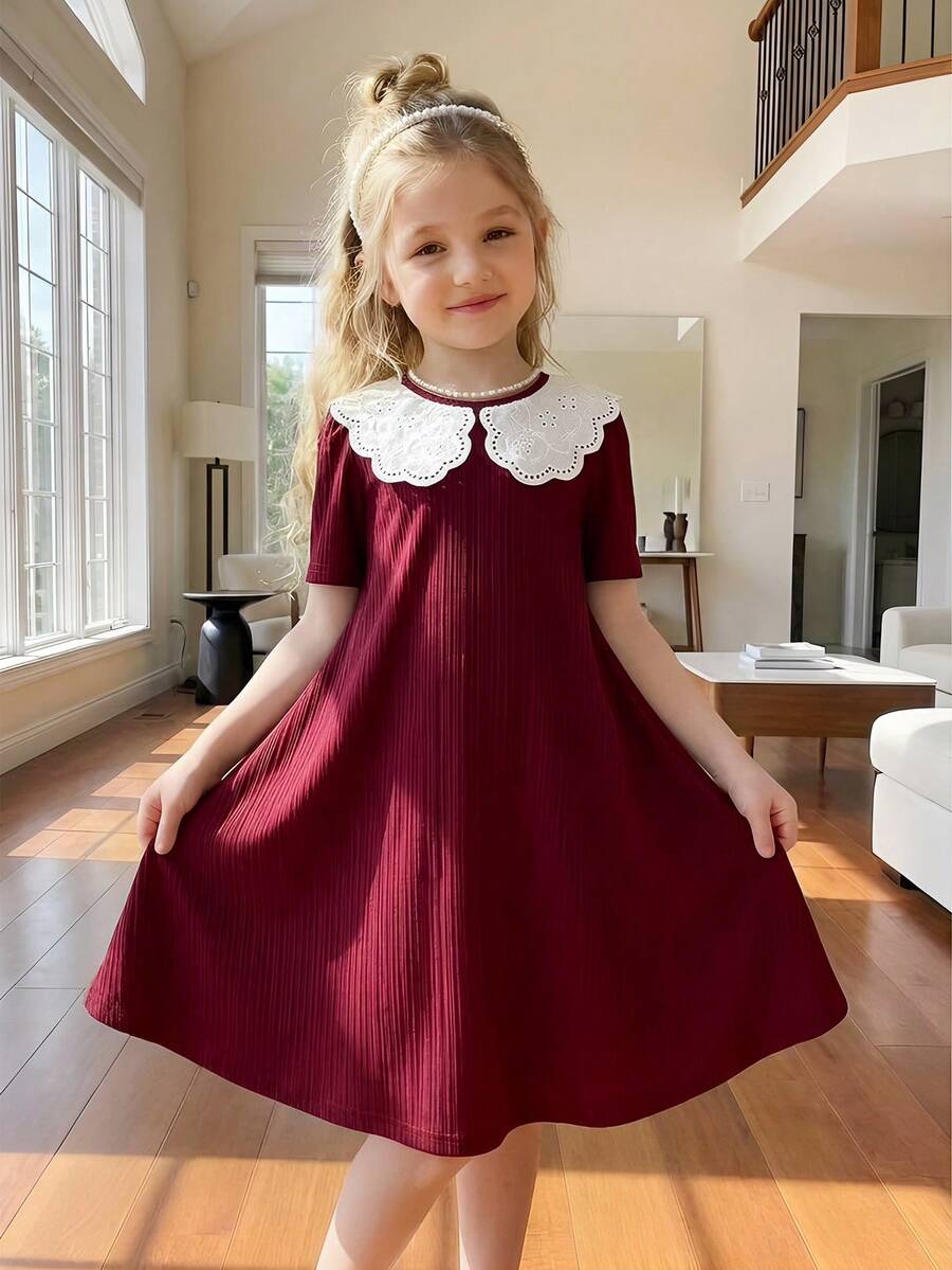 Sparklyn Đầm chữ A tay phồng, cổ tròn, màu xanh lá cây có nơ, kiểu dáng thanh lịch, dễ thương cho bé gái tuổi teen, thích hợp cho mùa xuân, hè, thu, đi chơi, nghỉ hè, đi học. - Màu Đỏ Sâu - Xem 1