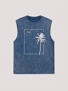 Men's Tank Top, Urban Casual Beach Outfit Washed Vintage Print, Relaxed Fit, Summer Holiday Daily, Spring Summer - Blue - View 1