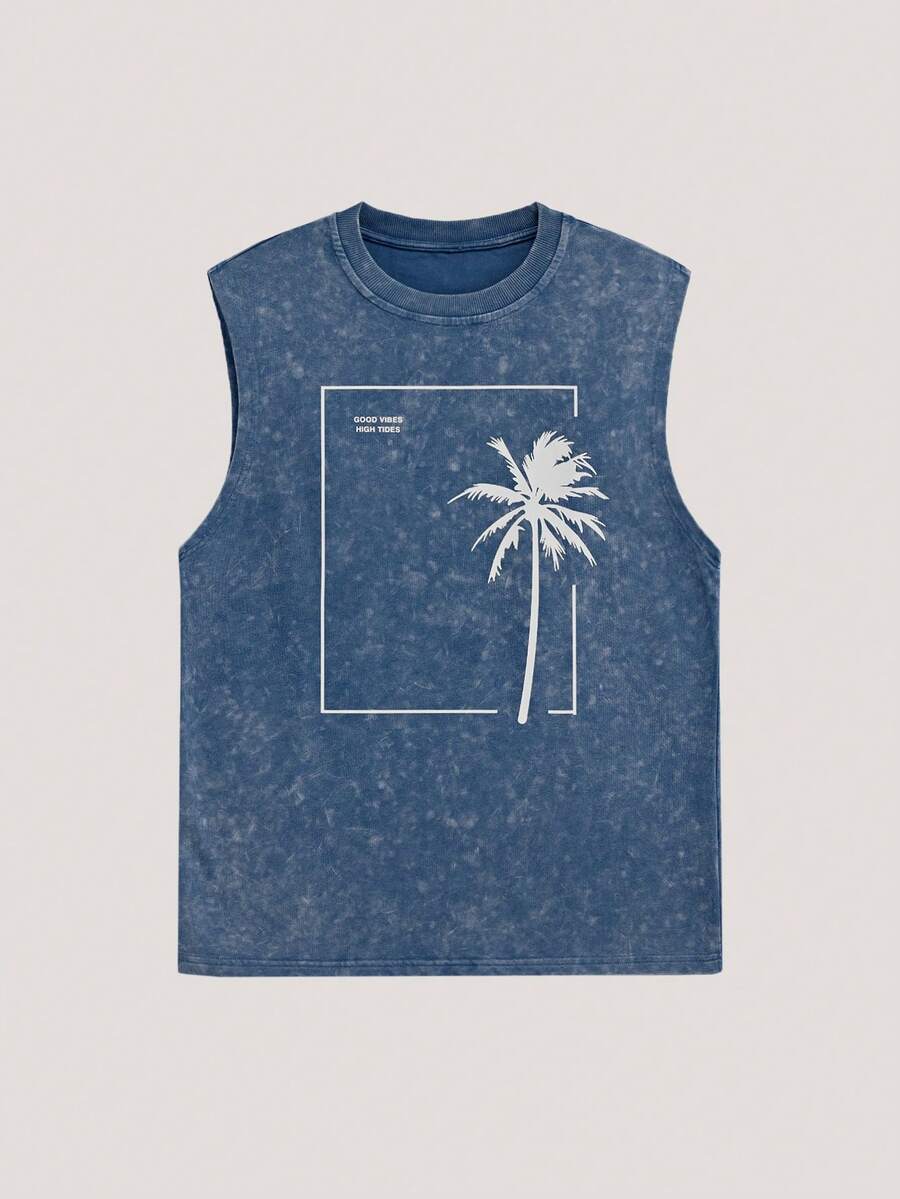 Men's Tank Top, Urban Casual Beach Outfit Washed Vintage Print, Relaxed Fit, Summer Holiday Daily, Spring Summer - Blue - View 1