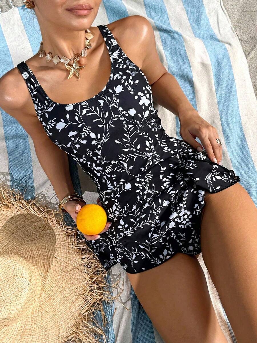 Swim Lushoire Áo tắm liền thân nữ, họa tiết hoa ngẫu nhiên, thích hợp cho bãi biển và kỳ nghỉ. - màu đen - Xem 1