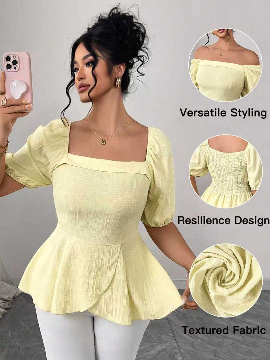 SHEIN Elenzya 大码夏季休闲派对露肩上衣 - 黃色 - 查看 1