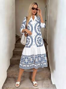 Easowa Vestido midi feminino estampado em azul e branco, estilo camisa, com abertura frontal, ideal para ocasiões casuais, praia, férias e Páscoa. - Multicolorido - Ver 2