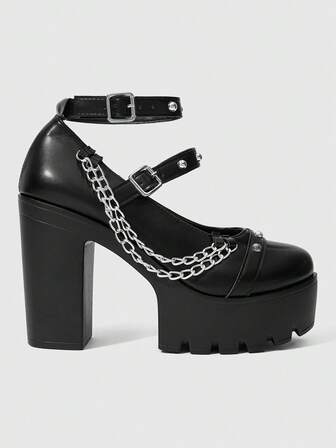 Goth Zapatos de tacón alto de estilo Mary Jane de cuero morado, bombas de estilo Lolita con punta cerrada y correa con lazo