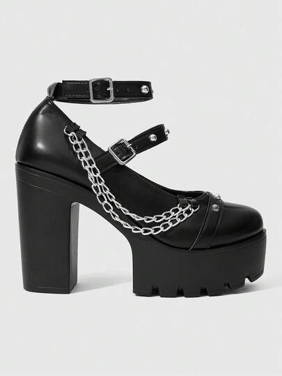 Goth Lila High Heel Mary Jane Kleine Lederschuhe, Geschlossene Zehenkappe Schleifenriemen Lolita Stil Pumps