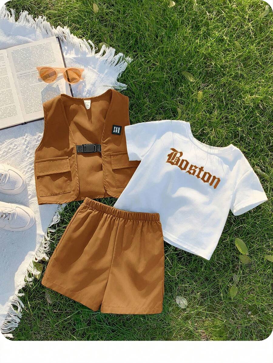 Baby Boy/Girl 3-Piece Set: Soft Knit Letter Print Short Sleeve Raglan Top, Cargo Pocket Sleeveless Vest, Elastic Waist Shorts, Suitable For Summer Streetwear And Outings Brown Short Set Summer Boy Clothes Boys Brown Outfit - Khaki - View 1