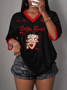 Slaydiva Betty Boop x SHEIN Casual Minimalist V-Neck Plus Size Women's Cartoon Print T-Shirt, Suitable For Summer - Multicolor - View 3
