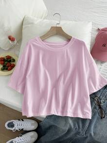 SHEIN Comfortcana Plus Size Casual Drop Shoulder Short T-Shirt, Solid Color - Mauve Purple - View 7