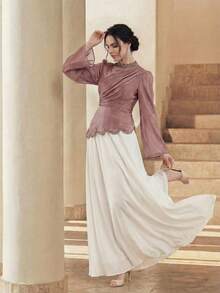 Anewsta Women's Solid Color Mandarin Collar Asymmetrical Rhinestone Decor Flared Soft Elegant Dress - Pink - View 4