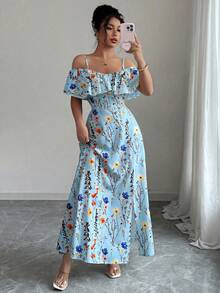 Elenzga Women's Summer Beach Holiday Tea Party Holiday Floral Print Cold Shoulder Ruffle Trim Waist Dress Light Blue Boho - Multicolor - View 4