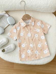 SHEIN 1pc Young Boys' Casual Vintage Rabbit Print Soft Short Sleeve Shirt,Comfortable Summer Matching Family Vacation,Versatile School Easter Wear - Khaki - View 4