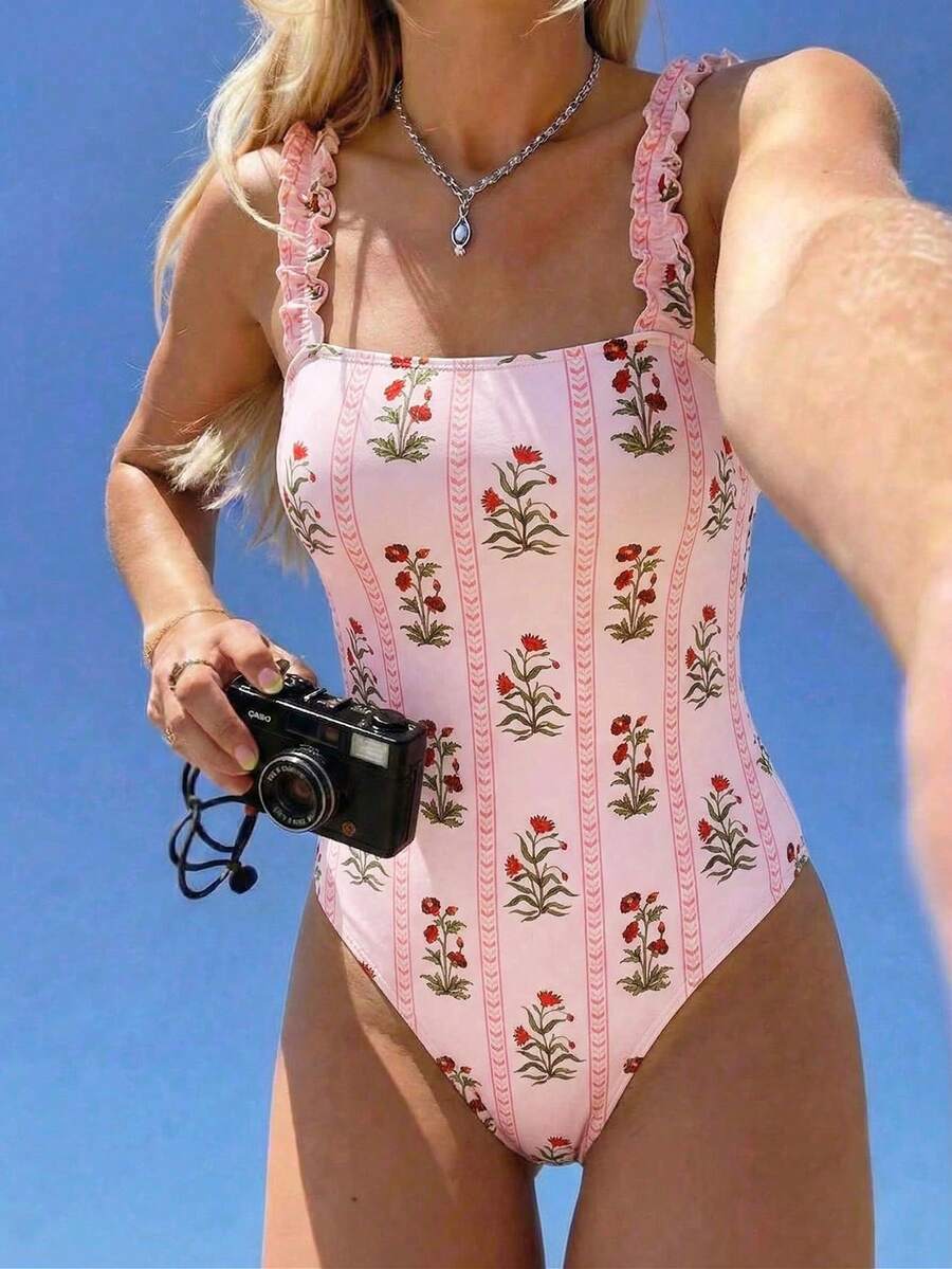 Swim Mod 2026 Summer New Women One-Piece Swimsuit, Floral Print Ruffle Swimwear, Beach Holiday - Pink - View 1