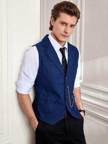 Officeau Nuovo gilet da uomo in tweed spina di pesce, con bavero vintage, catena a cavallo e scollo a V, adatto per l'autunno e l'inverno - Blu Navy - Visualizzare 7