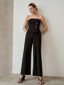 MOTF PREMIUM HIGH WAIST METAL DECOR LOOSE STRAIGHT LEG SUIT PANTS - Black - View 6