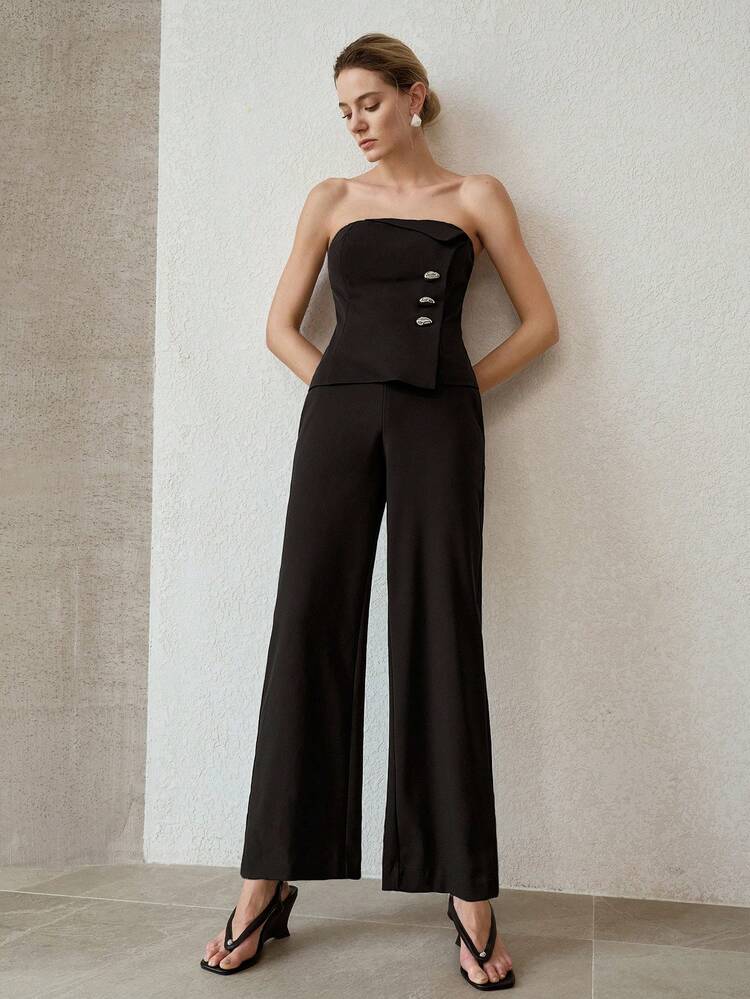 HIGH WAIST METAL DECOR LOOSE STRAIGHT LEG SUIT PANTS