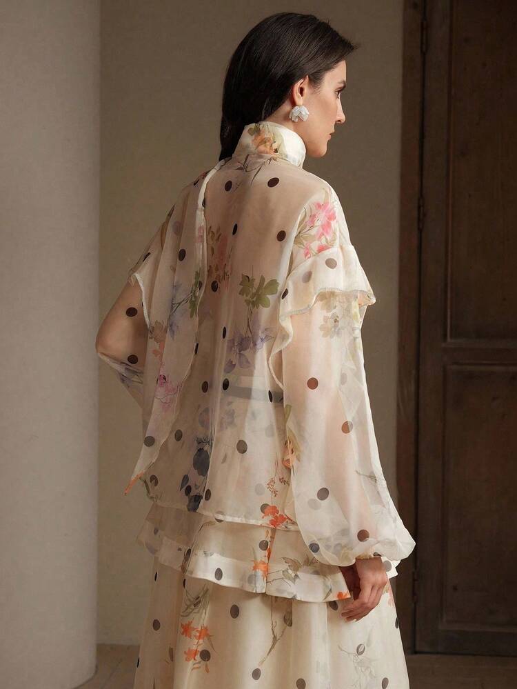 Blusa elegante de mujer con mangas farol, volantes y estampado de lunares y flores para uso diario