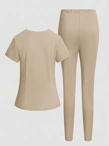 TaskEZ Simple Solid Color V-Neck Short Sleeve T-Shirt With Pockets Paired With Long Pants, Scrub Set - Khaki - View 4