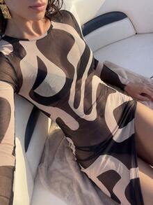 Swim Chiccia Vestido de cubrir con estampado total, asimétrico y transparente para vacaciones de verano de mujer - Marrón - Ver 3