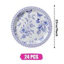 蓝白蝴蝶花枝图案一次性餐盘、餐巾纸和杯子，派对用品套装，可供 24 人使用，一次性纸质派对餐具，适合生日、婚礼、主题派对、家庭野餐。 - 查看 7