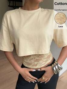Siren Gaze Diseño 2 en 1 Camiseta de mujer con parches de encaje, Parte superior casual de verano Y2K de manga corta - Albaricoque - Ver 7