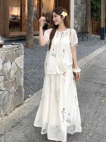 DAZY Women's Vacation Style Korean Shirt And Mini Skirt 2 Pieces Set - Apricot - View 4