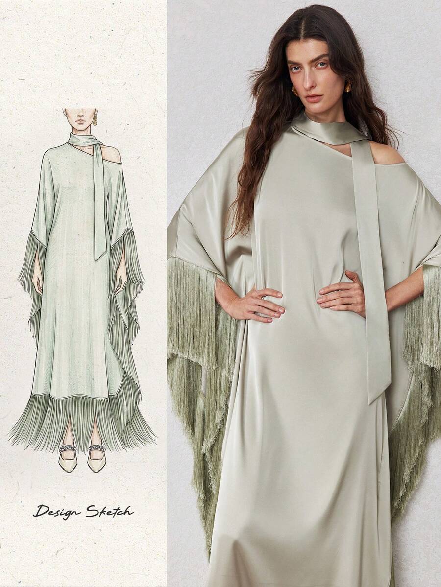 ZEYLAH Váy tua rua rộng rãi, có dây buộc vai bất đối xứng, mùa xuân - Màu xanh Bạc hà - Xem 1