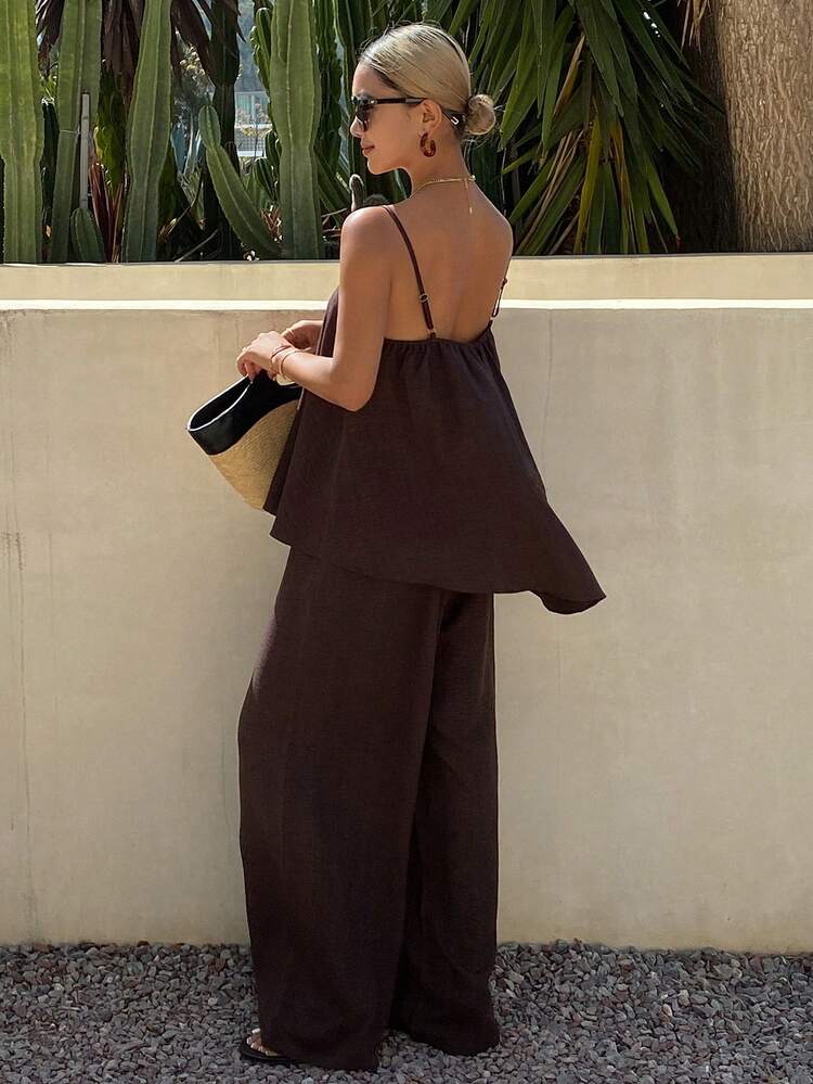 Women's Summer Vacation Outfit, Loose Camisole Top And Casual Pants 2 Pieces Set