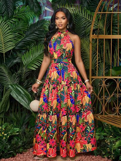 shein ladies maxi dresses Shein Maxi Dress Womens Medium Bern Orange Tiered Button Down Short Sleeve  Boho