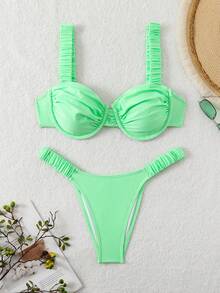 SHEIN Swim 女士時尚夏季沙灘純色褶皺比基尼套裝 - 綠色 - 查看 5