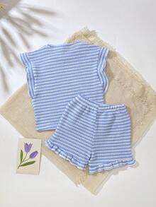 SHEIN Playful Pals 2件套女婴0-3岁春夏休闲日常度假针织黑白条纹荷叶袖圆领T恤和短裤套装 - 藍色 - 查看 2