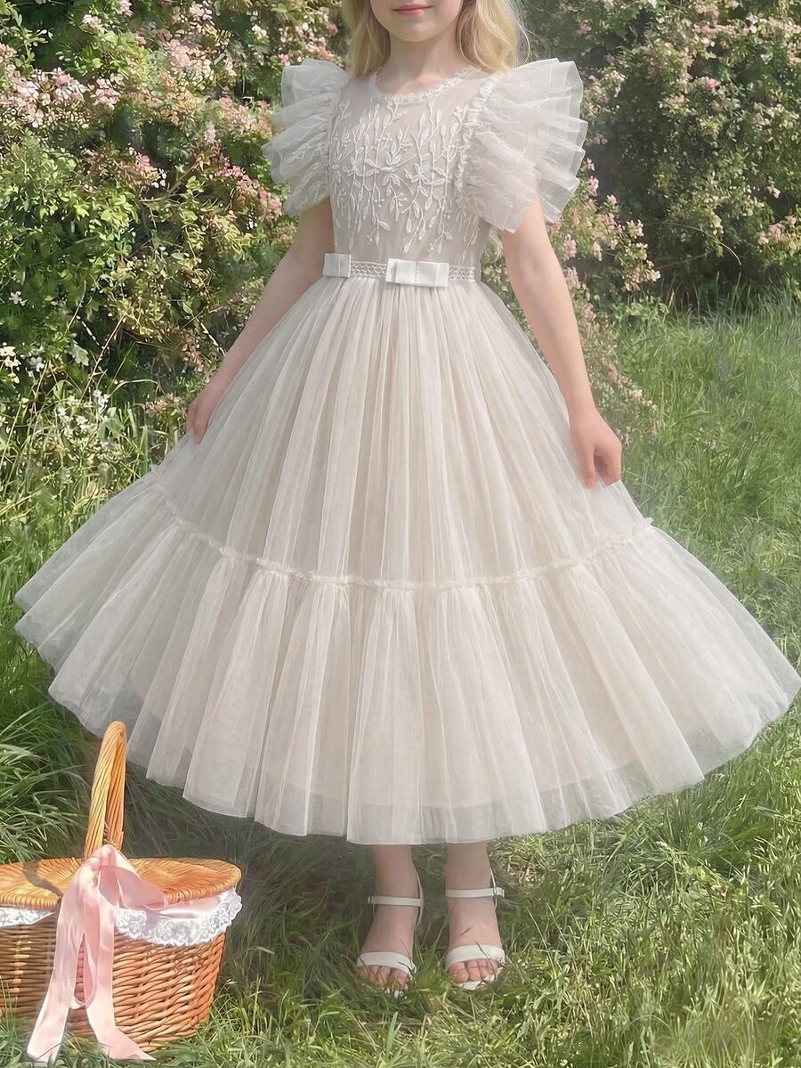 Tween Girls Elegant Luxurious Mesh Patchwork Princess Dress, Suitable For Birthday Party, Wedding, Flower Girl Dress Tween Girl Faux Pearl Dress Teen Girl Spring Dress Puff Sleeves Ivory Tween Dress Francila Dress White Girls Ivory Dress For Girls