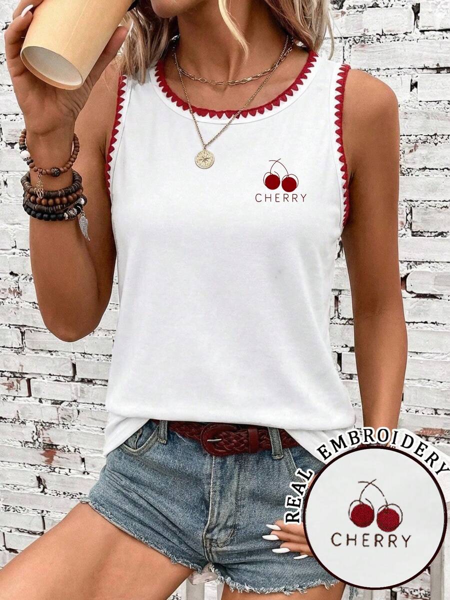SHEIN LUNE Top de tirantes de verano minimalista y casual con bordado de cerezas para mujer - Multicolor - Ver 1