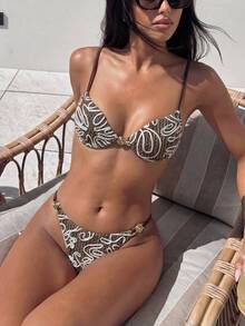 Swim Mod Bộ bikini nữ gợi cảm, chất liệu vải dệt, kiểu buộc dây phía sau, gồm áo crop top và quần bơi, thích hợp cho đi biển/nghỉ dưỡng. - màu nâu - Xem 2