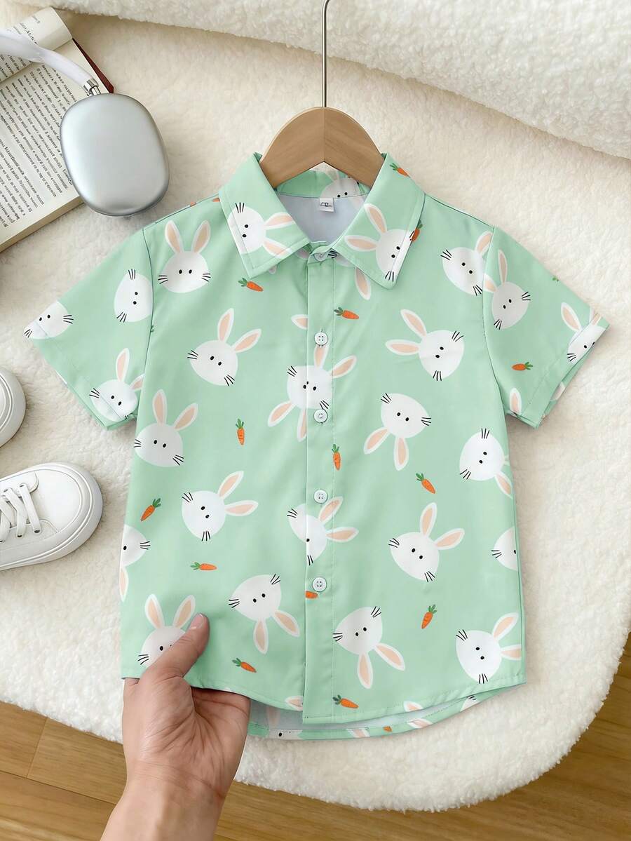 SHEIN 1 buah Kemeja Lengan Pendek Lembut Motif Kelinci Vintage untuk Anak Laki-laki, Gaya Sekolah Nyaman & Praktis untuk Musim Panas, Seragam Keluarga, Pakaian Sehari-hari, Paskah - Mint Green - View 1