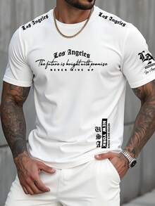 Manfinity LEGND 男士休闲时尚街头标语印花短袖T恤，适合夏季日常通勤 - 白色 - 查看 1