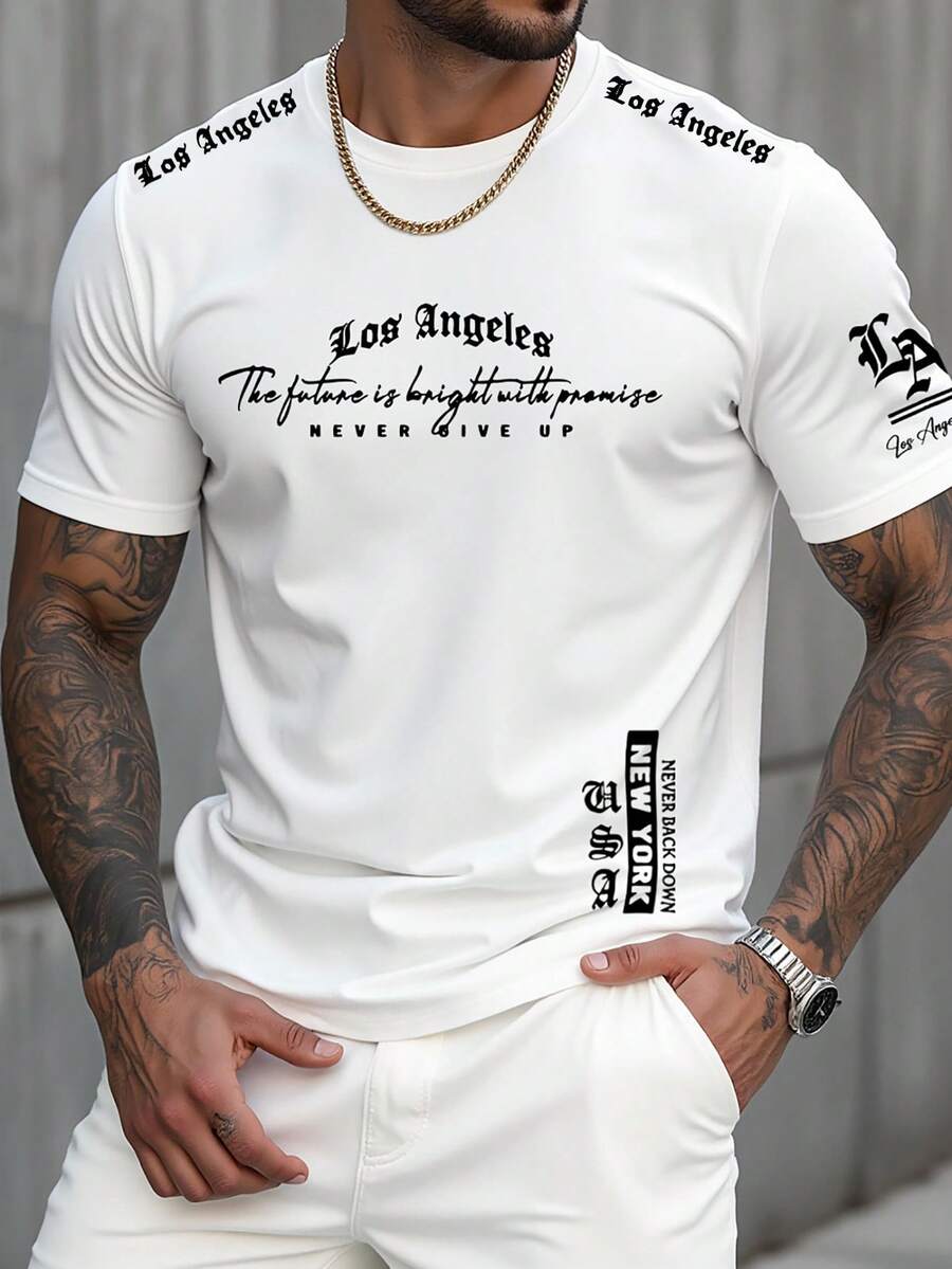 Manfinity LEGND 男士休闲时尚街头标语印花短袖T恤，适合夏季日常通勤 - 白色 - 查看 1