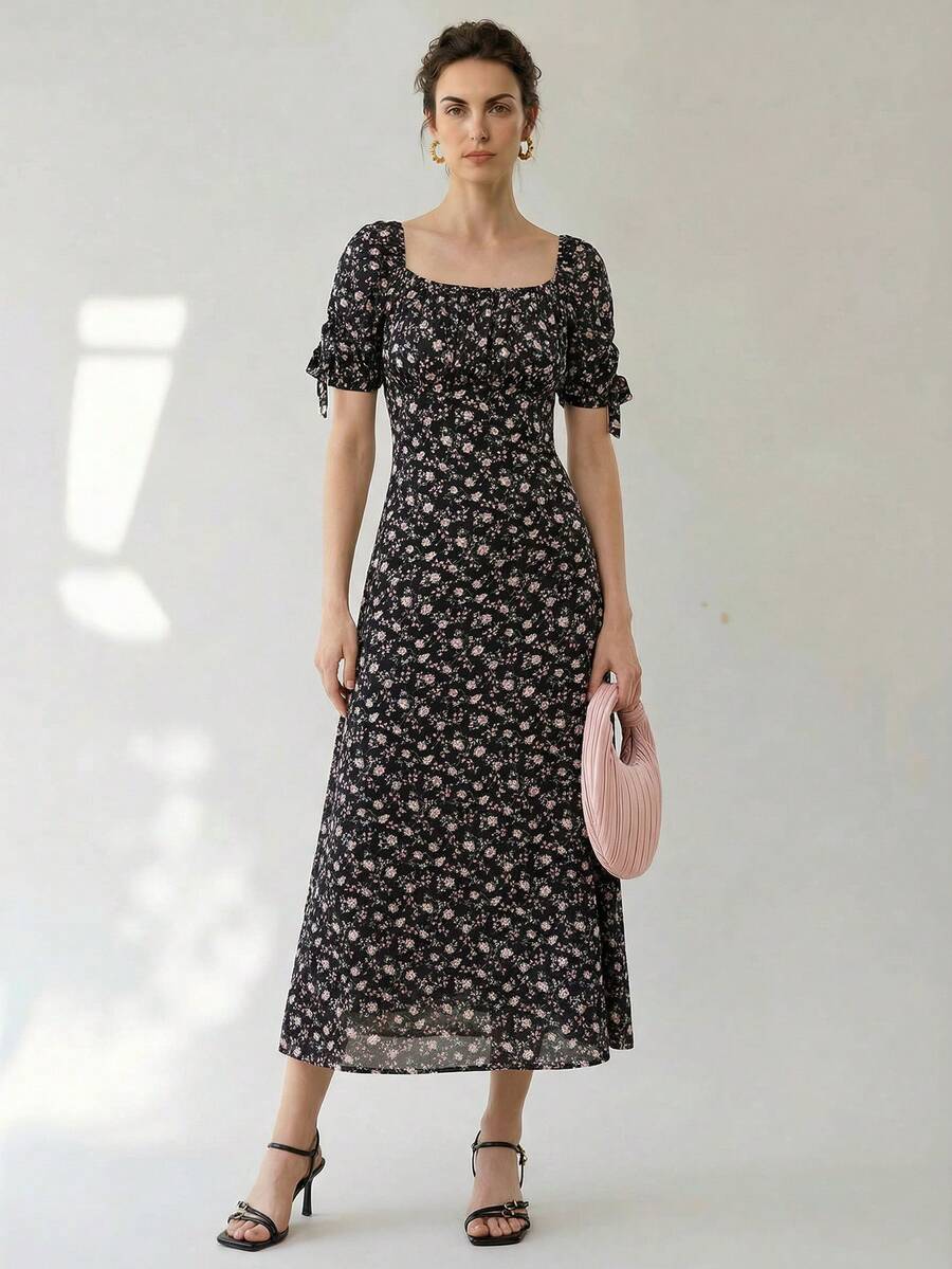 Uhlyne Uhlyne Vestido de mujer de cuello cuadrado, manga abullonada y cintura ceñida con motivo floral diminuto, con un toque fresco de resort - Negro - Ver 1